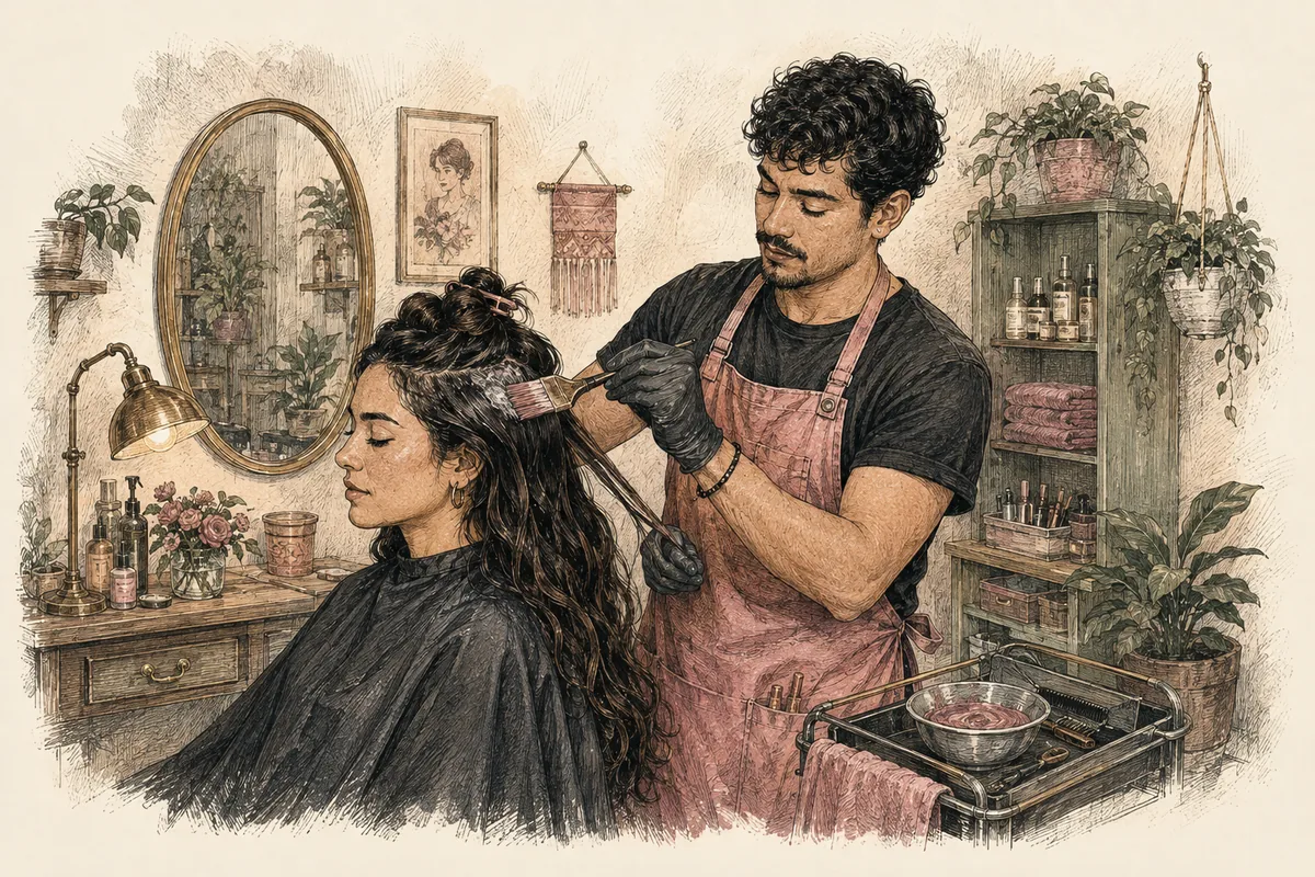 Ilustración de un salón: un estilista aplica color a una clienta sentada en la silla.